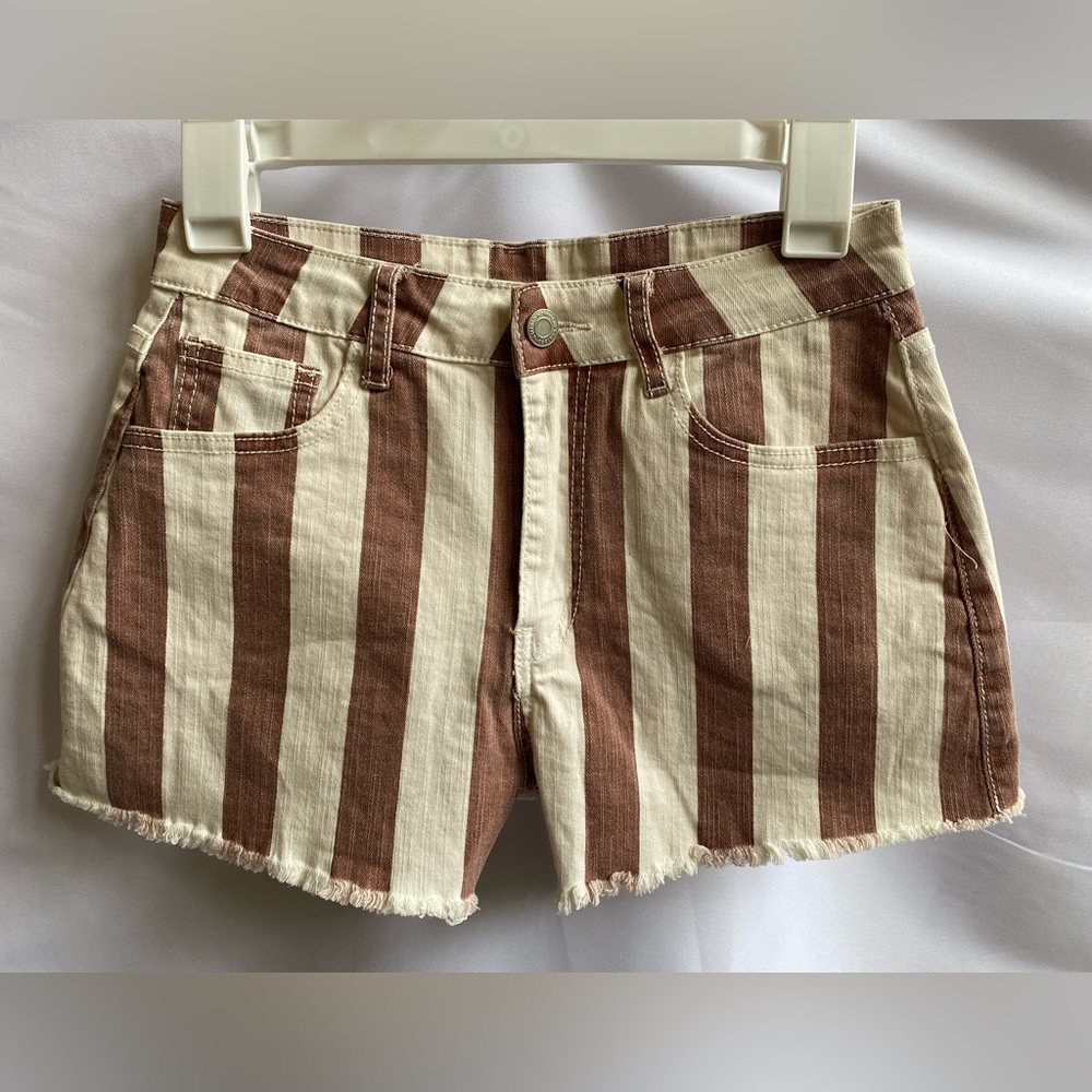Altar'd State Brown and Cream Striped Denim Shorts